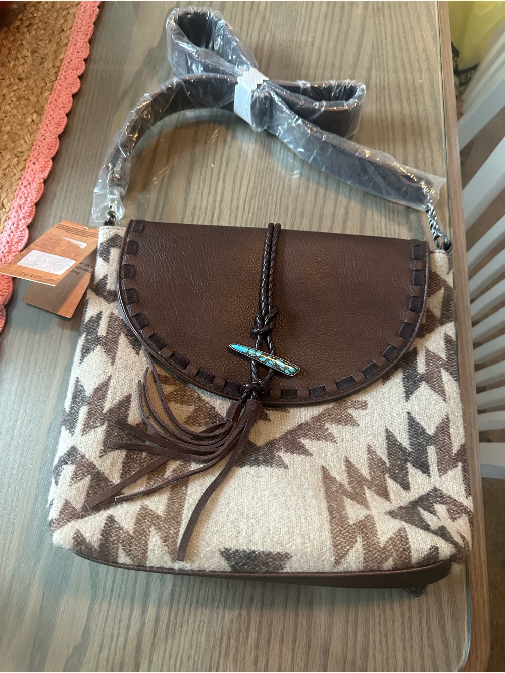 Brown Leather-Trim Aztec Crossbody Bag concealed carry